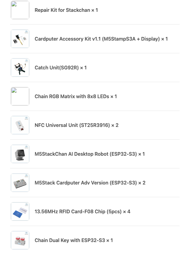 The Sidequest M5Stack hardware order, including Cardputers, NFC readers, StackChan, lights, buttons, cards, and repair parts