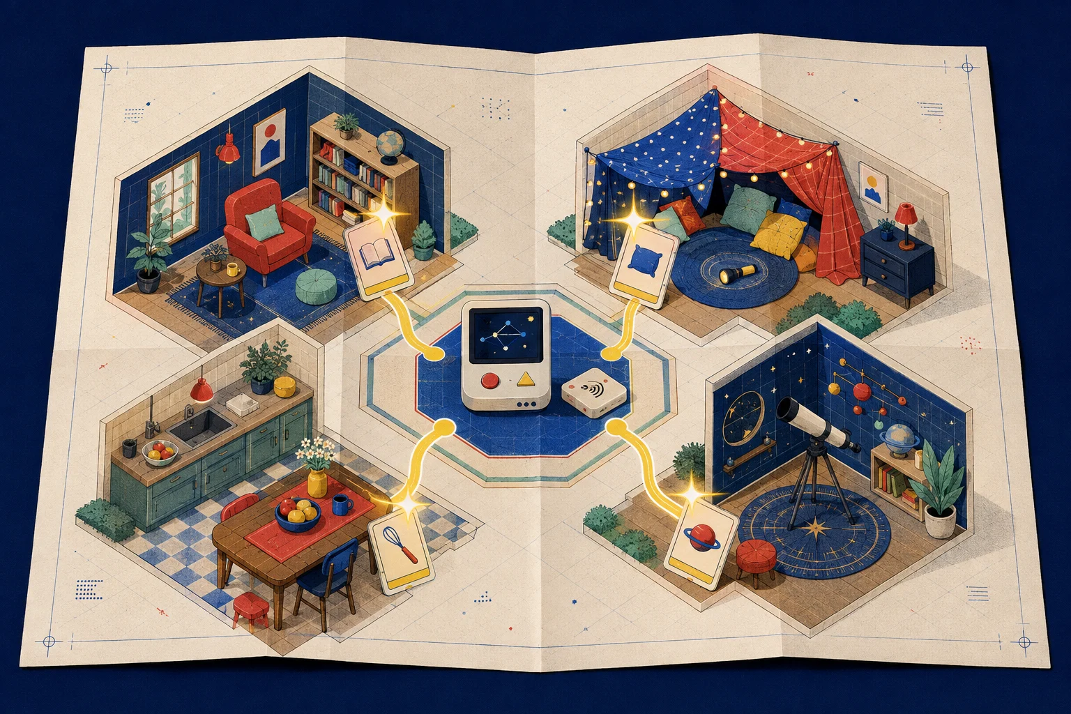 An isometric house map with four clue rooms connected to a gadget station
